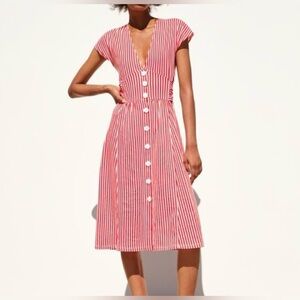 NWT ZARA STRIPED RED AND WHITE MIDI DRESS WITH FRONT BUTTONS Size Small